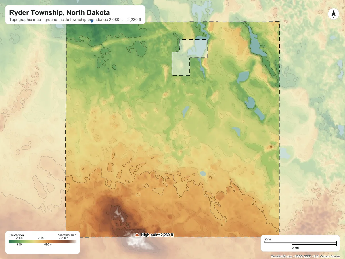 Topographic elevation map of Ryder Township, North Dakota, shaded from 2,080 ft on the northwest side to 2,230 ft on the southwest side
