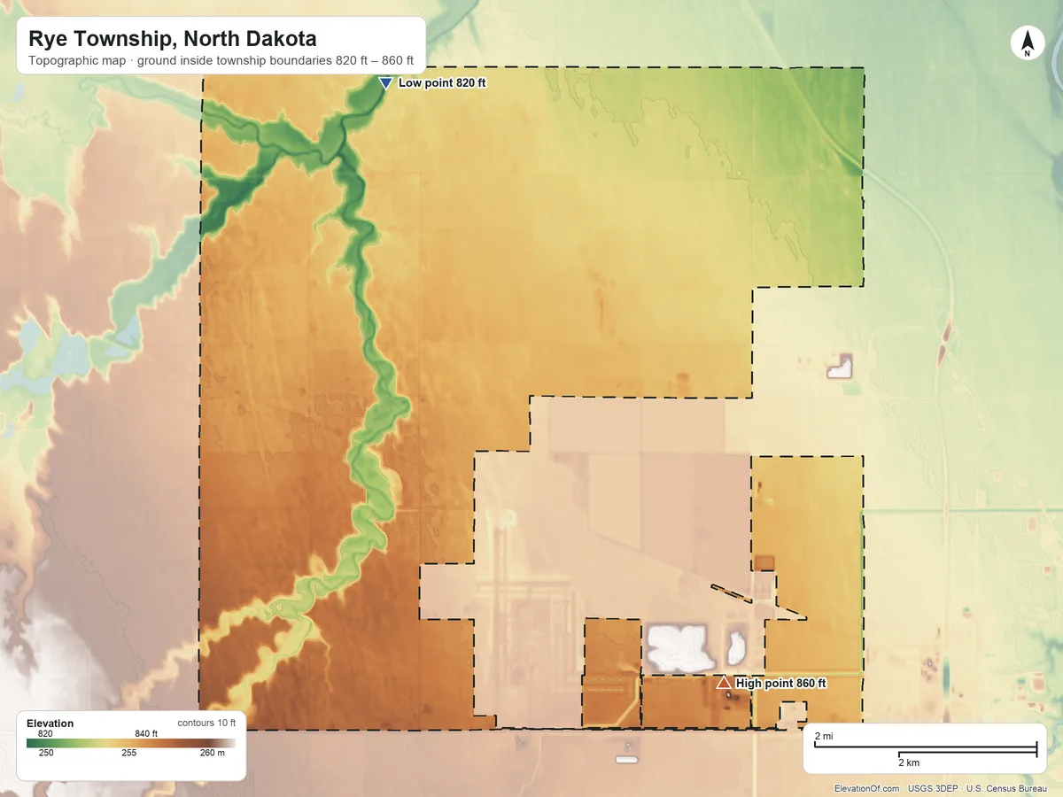 Topographic elevation map of Rye Township, North Dakota, shaded from 820 ft on the north side to 860 ft on the southeast side