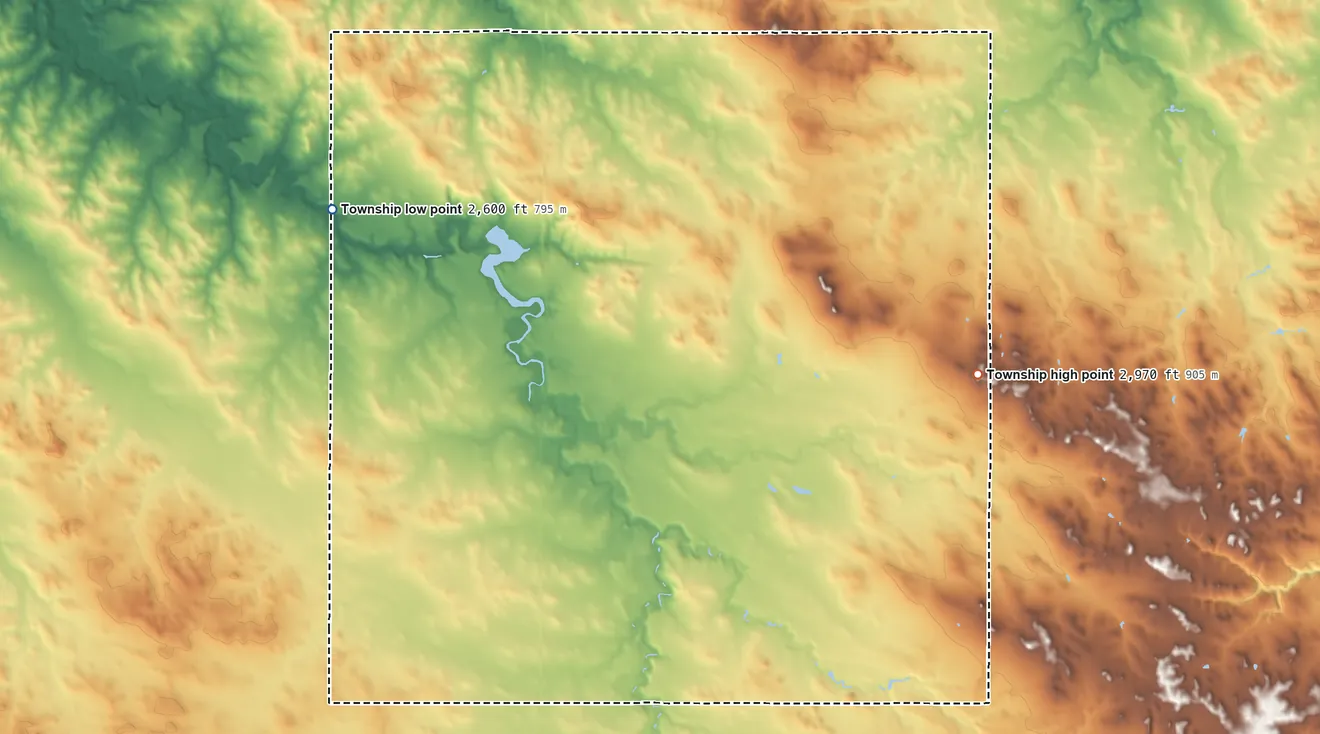Topographic elevation map of Saddle Butte Township, North Dakota, shaded from 2,600 ft on the northwest side to 2,970 ft on the east side