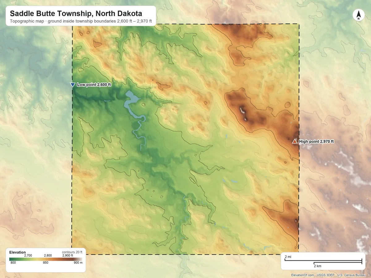 Topographic elevation map of Saddle Butte Township, North Dakota, shaded from 2,600 ft on the northwest side to 2,970 ft on the east side
