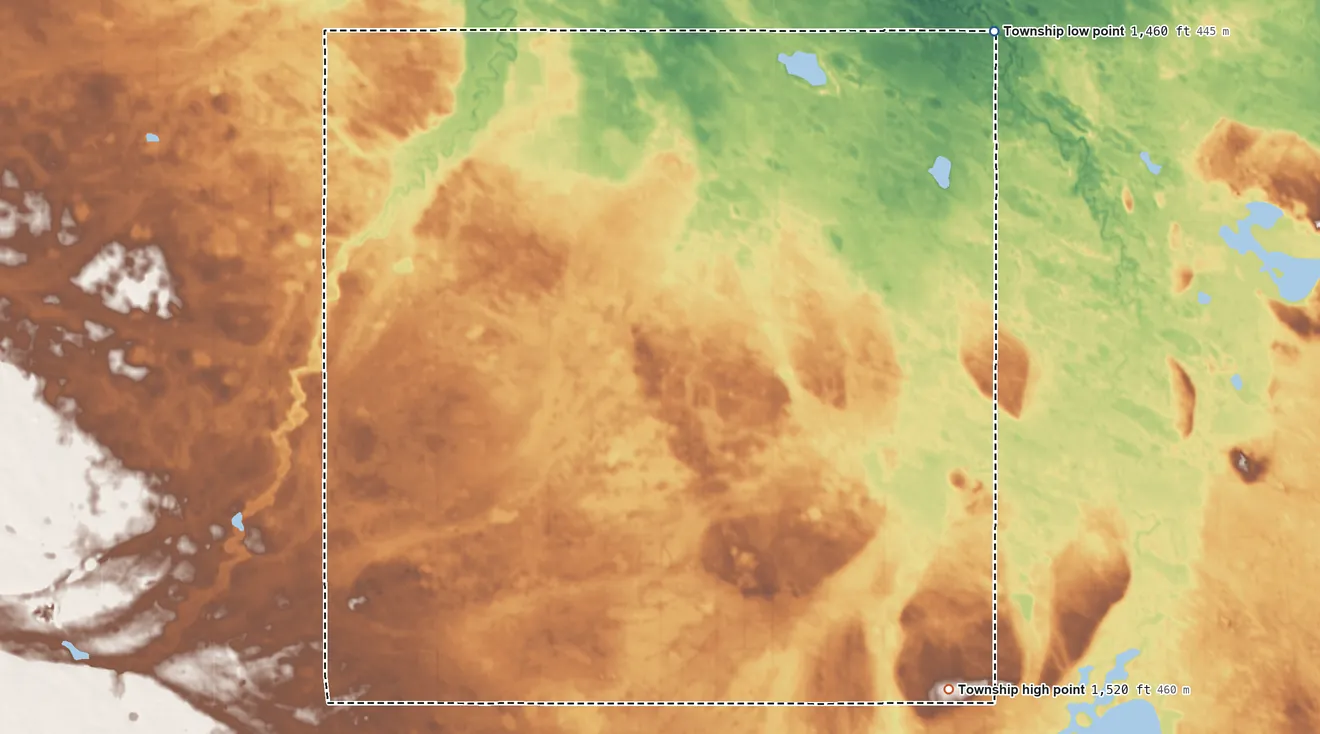 Topographic elevation map of Saline Township, North Dakota, shaded from 1,460 ft on the northeast side to 1,520 ft on the southeast side