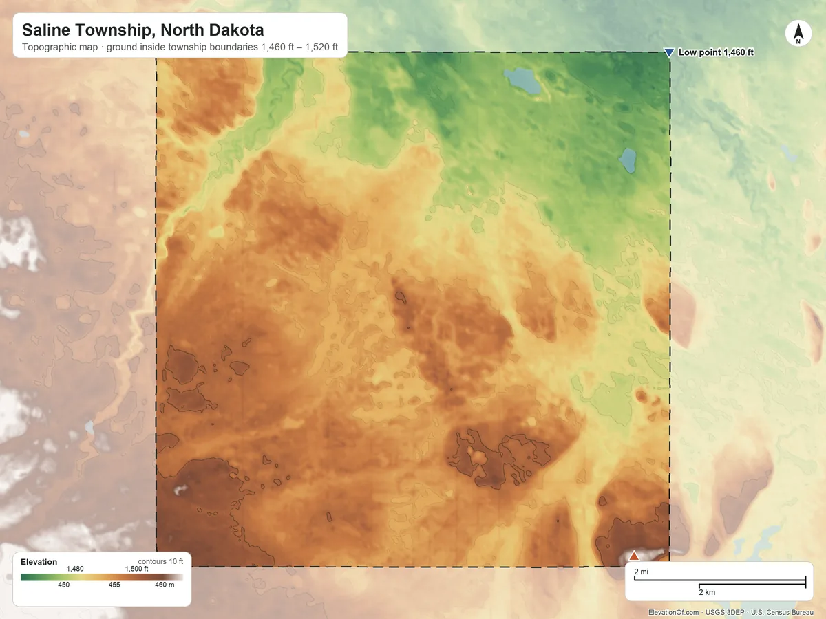 Topographic elevation map of Saline Township, North Dakota, shaded from 1,460 ft on the northeast side to 1,520 ft on the southeast side