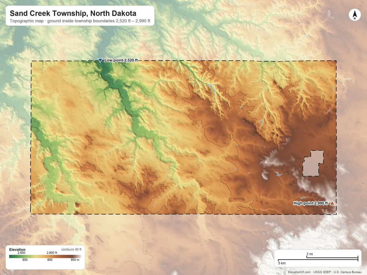 Topographic elevation map of Sand Creek Township, North Dakota, shaded from 2,520 ft on the northwest side to 2,990 ft on the east side