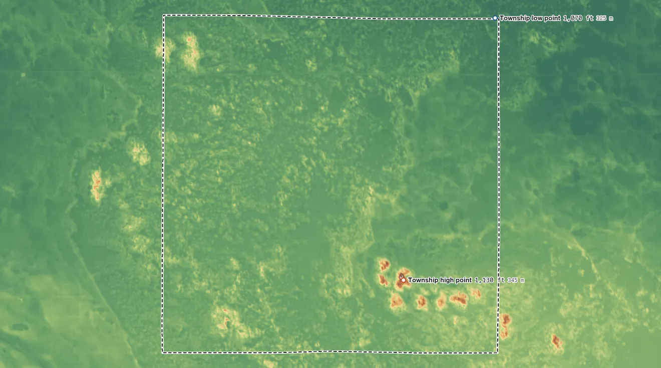 Topographic elevation map of Sandoun Township, North Dakota, shaded from 1,070 ft on the northeast side to 1,130 ft on the south side