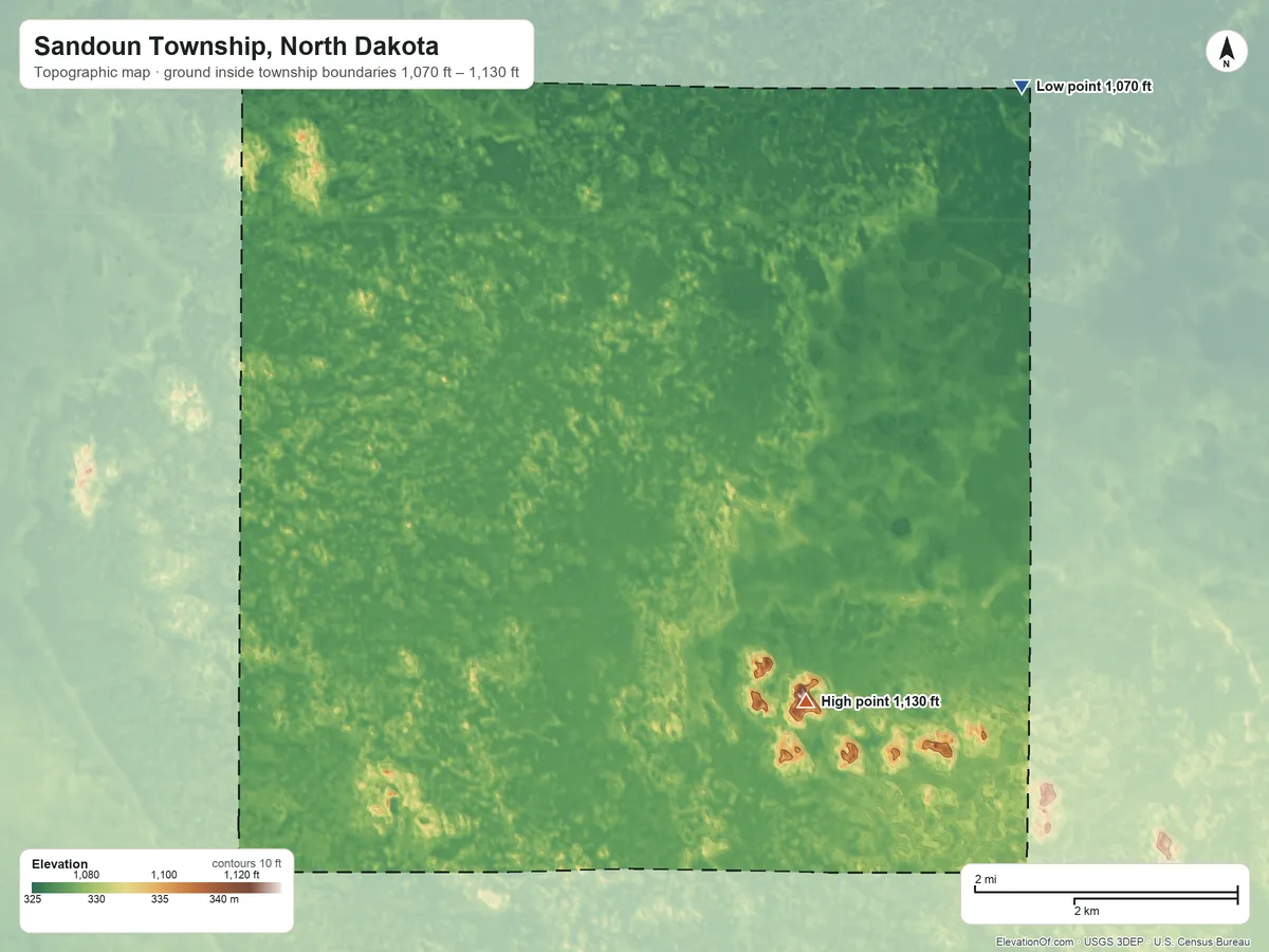 Topographic elevation map of Sandoun Township, North Dakota, shaded from 1,070 ft on the northeast side to 1,130 ft on the south side