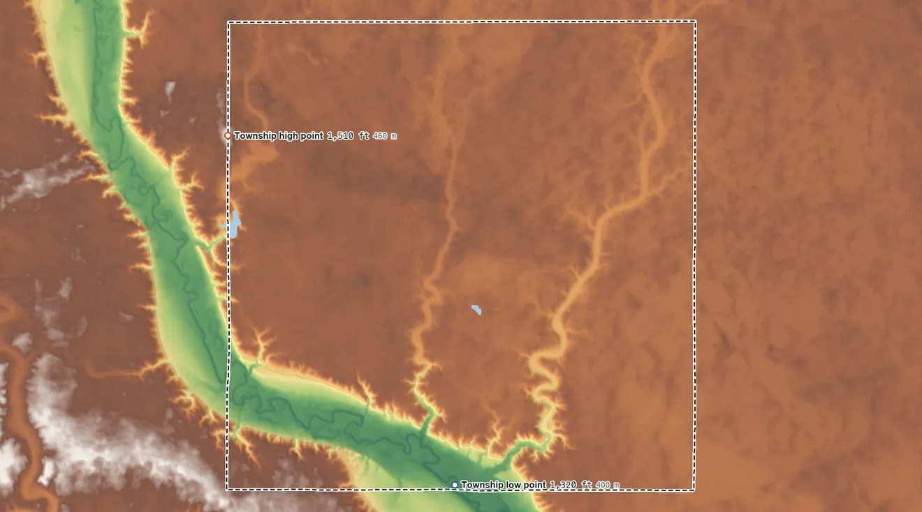 Topographic elevation map of Saratoga Township, North Dakota, shaded from 1,320 ft on the south side to 1,510 ft on the west side
