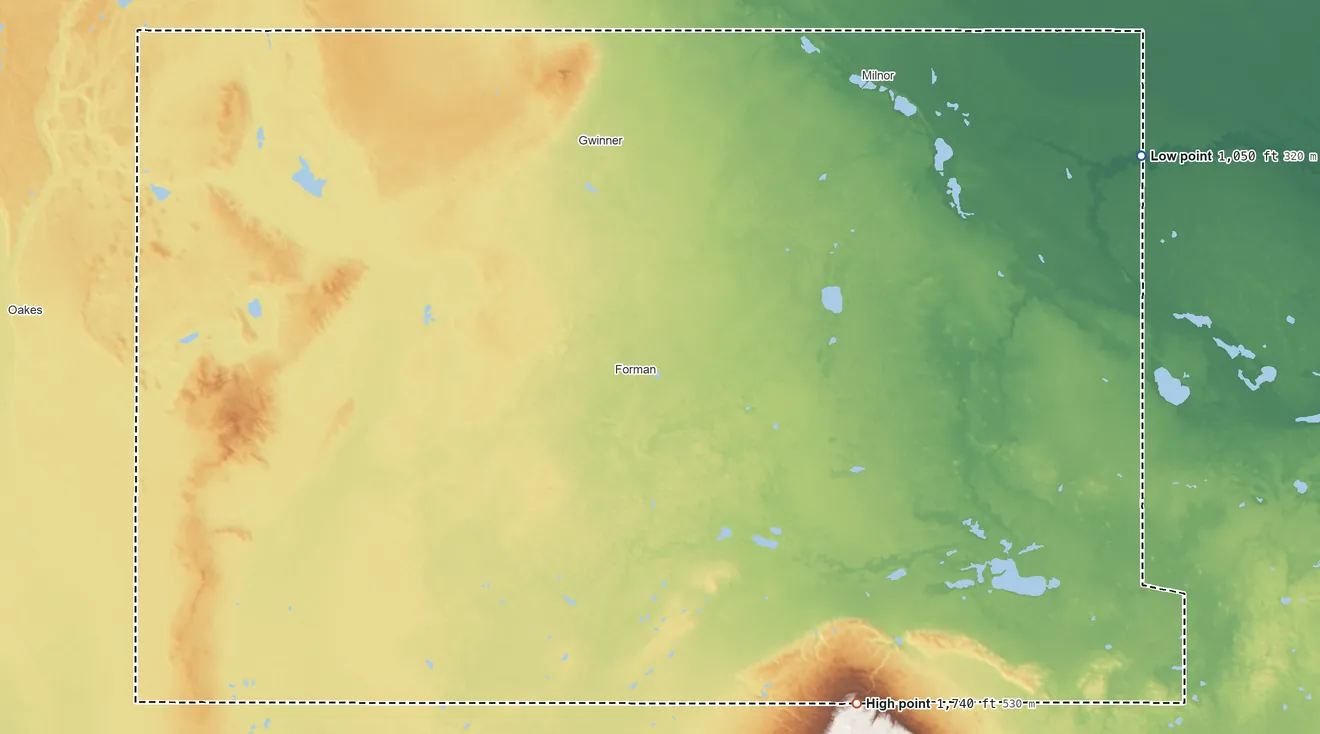 Topographic elevation map of Sargent County, North Dakota, shaded from 1,050 ft on the northeast side to 1,740 ft on the southeast side
