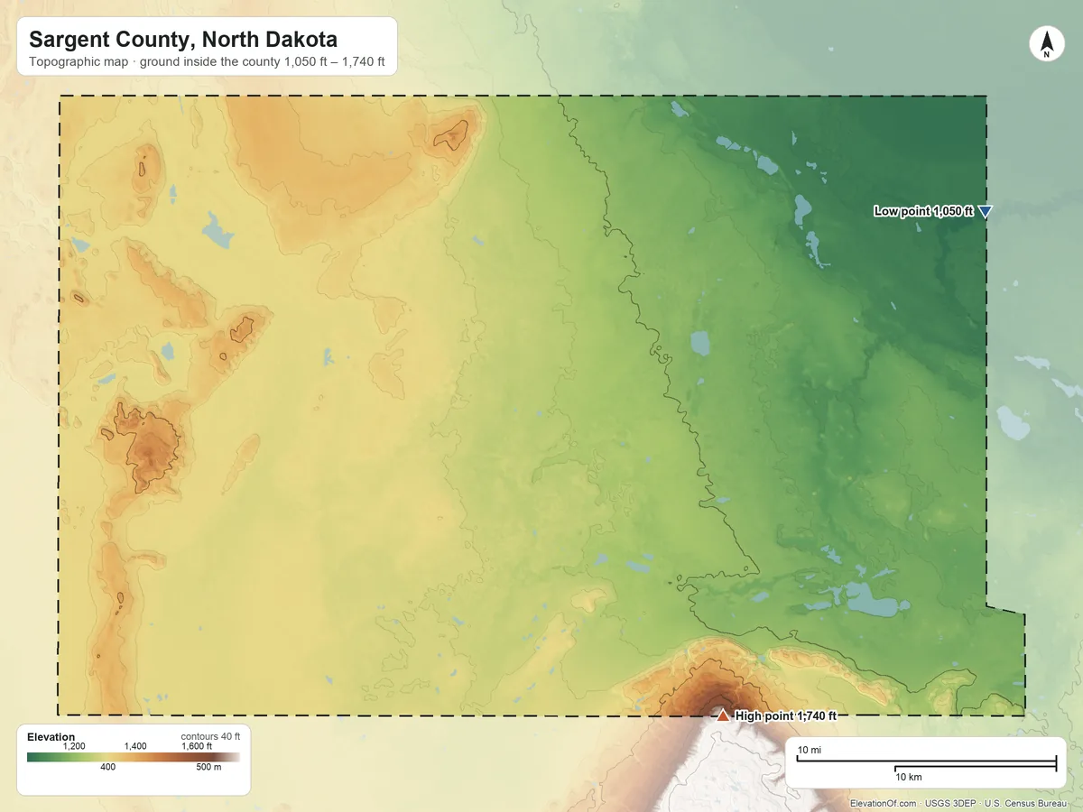 Topographic elevation map of Sargent County, North Dakota, shaded from 1,050 ft on the northeast side to 1,740 ft on the southeast side