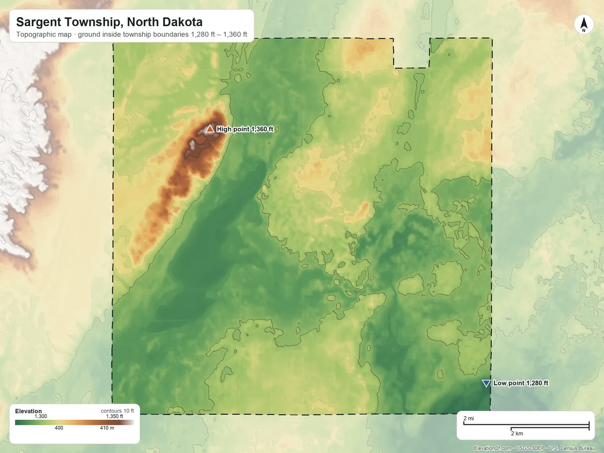 Topographic elevation map of Sargent Township, North Dakota, shaded from 1,280 ft on the southeast side to 1,360 ft on the west side
