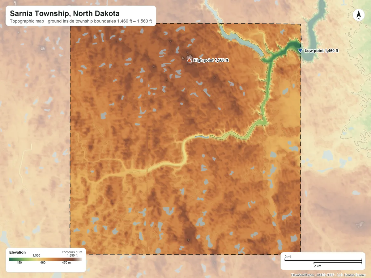 Topographic elevation map of Sarnia Township, North Dakota, shaded from 1,460 ft on the northeast side to 1,560 ft on the northeast side