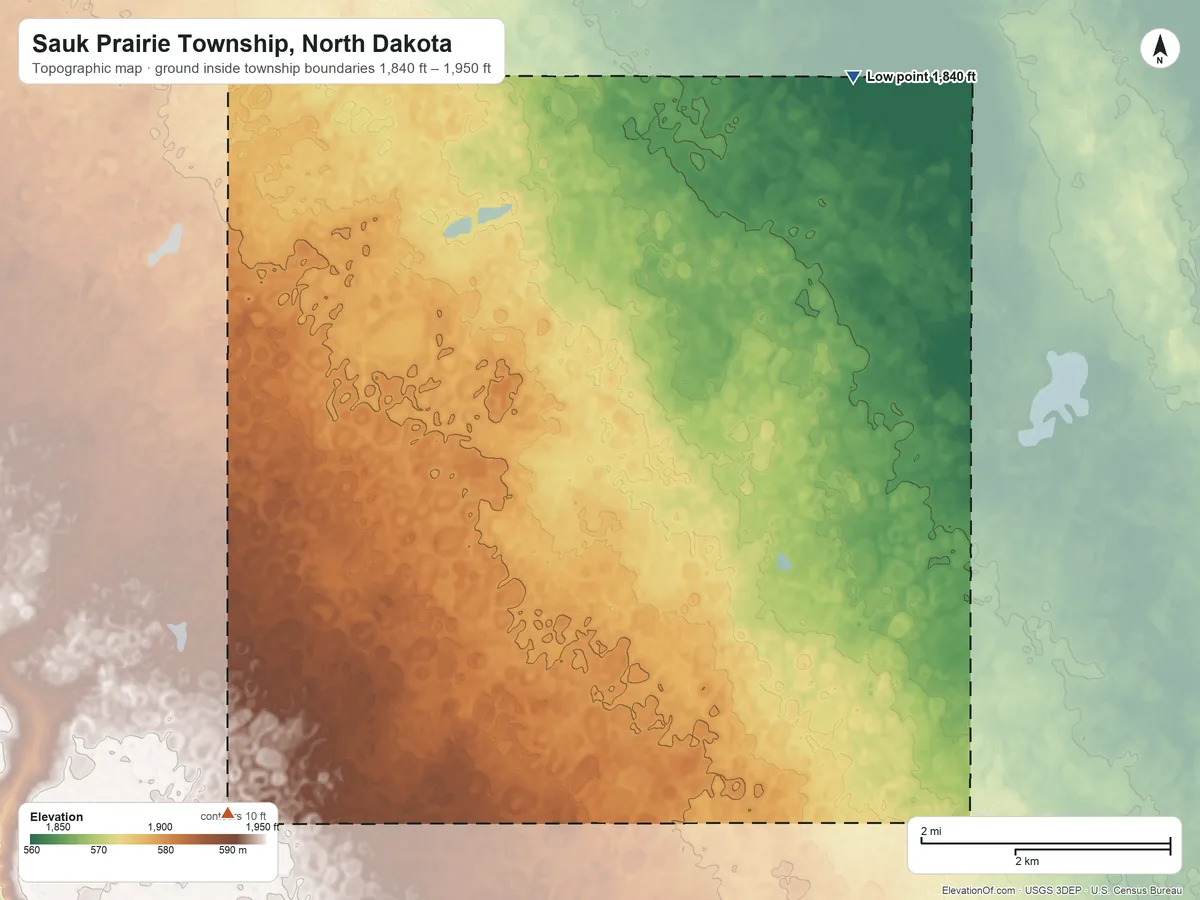 Topographic elevation map of Sauk Prairie Township, North Dakota, shaded from 1,840 ft on the northeast side to 1,950 ft on the southwest side