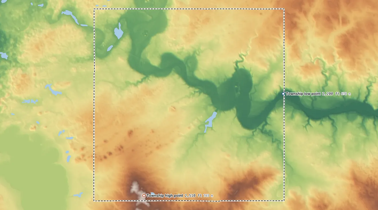 Topographic elevation map of Sauk Valley Township, North Dakota, shaded from 2,200 ft on the east side to 2,510 ft on the southwest side