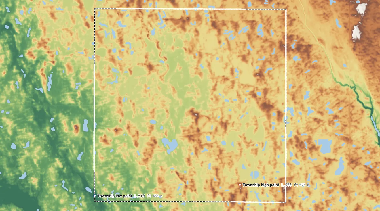 Topographic elevation map of Sauter Township, North Dakota, shaded from 1,510 ft on the southwest side to 1,560 ft on the southeast side