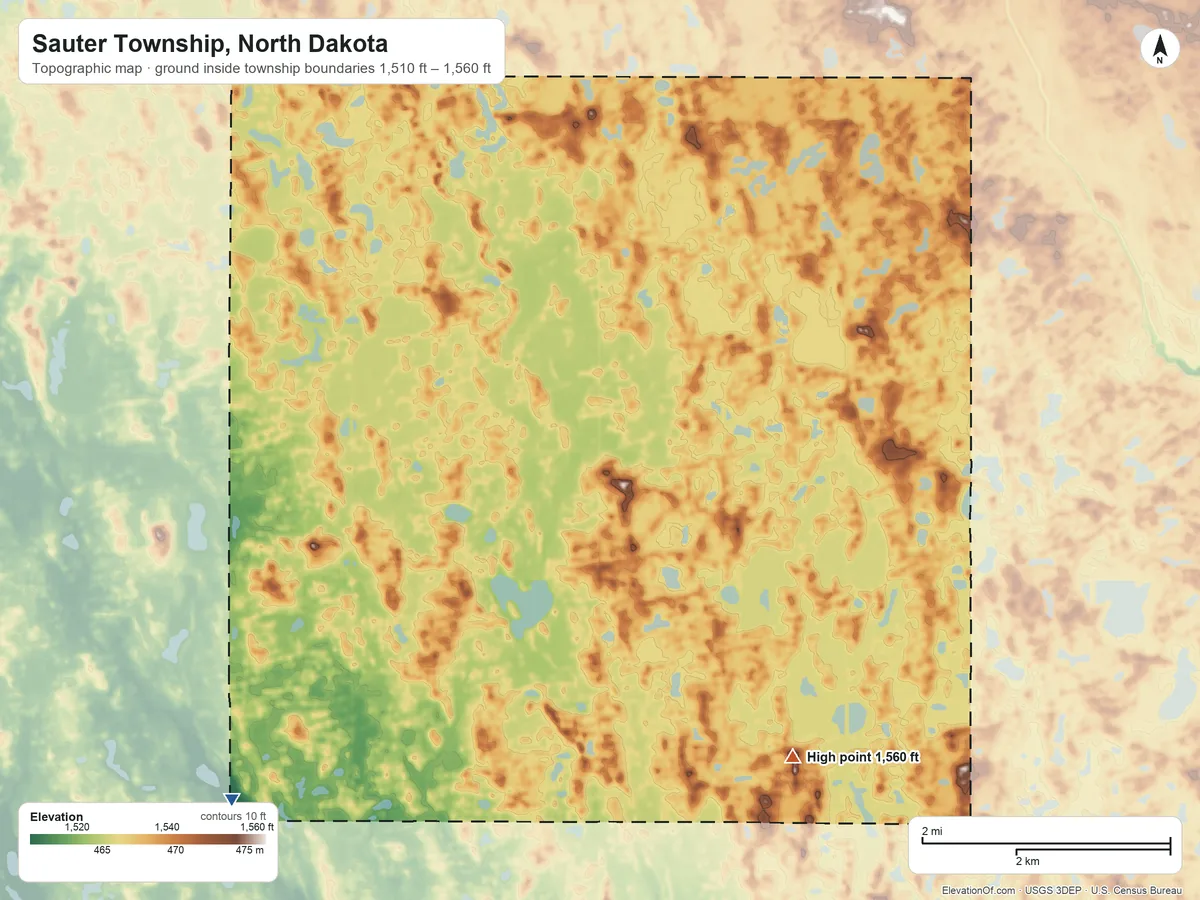 Topographic elevation map of Sauter Township, North Dakota, shaded from 1,510 ft on the southwest side to 1,560 ft on the southeast side