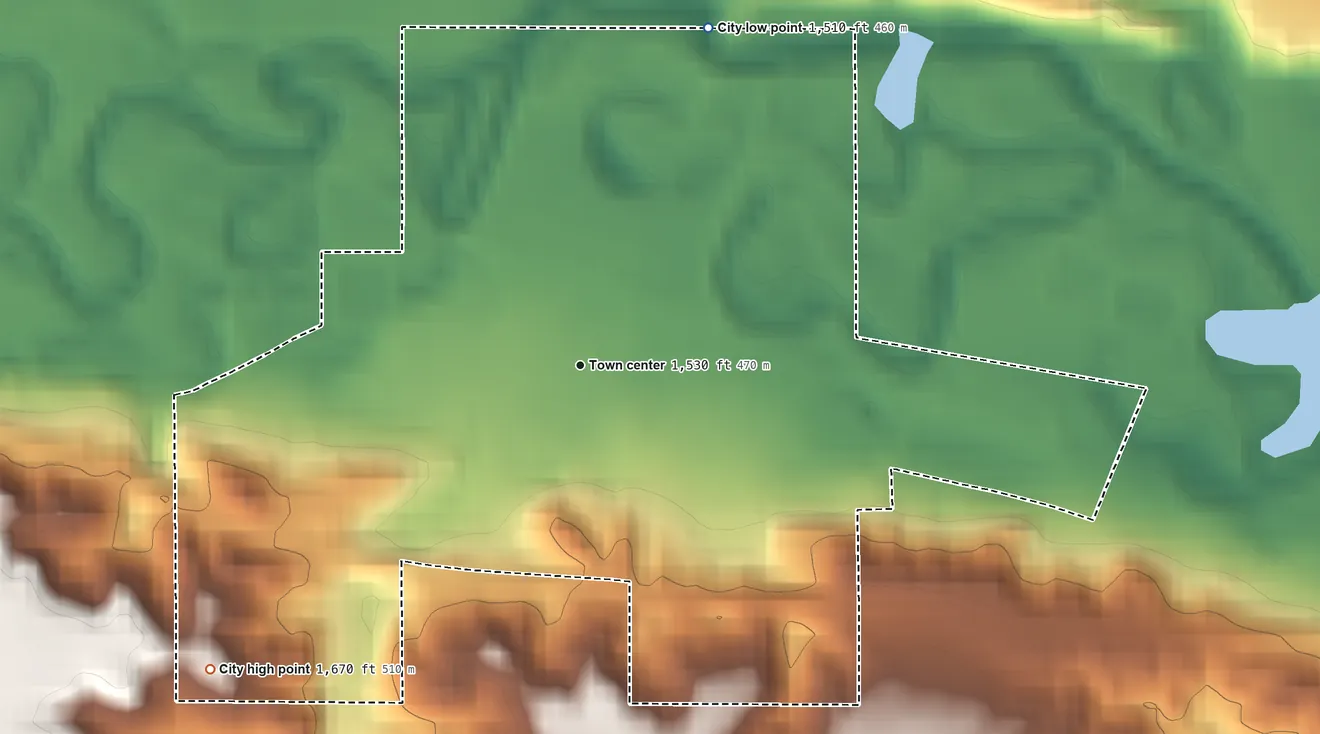 Topographic elevation map of Sawyer, North Dakota, shaded from 1,510 ft on the north side to 1,670 ft on the southwest side