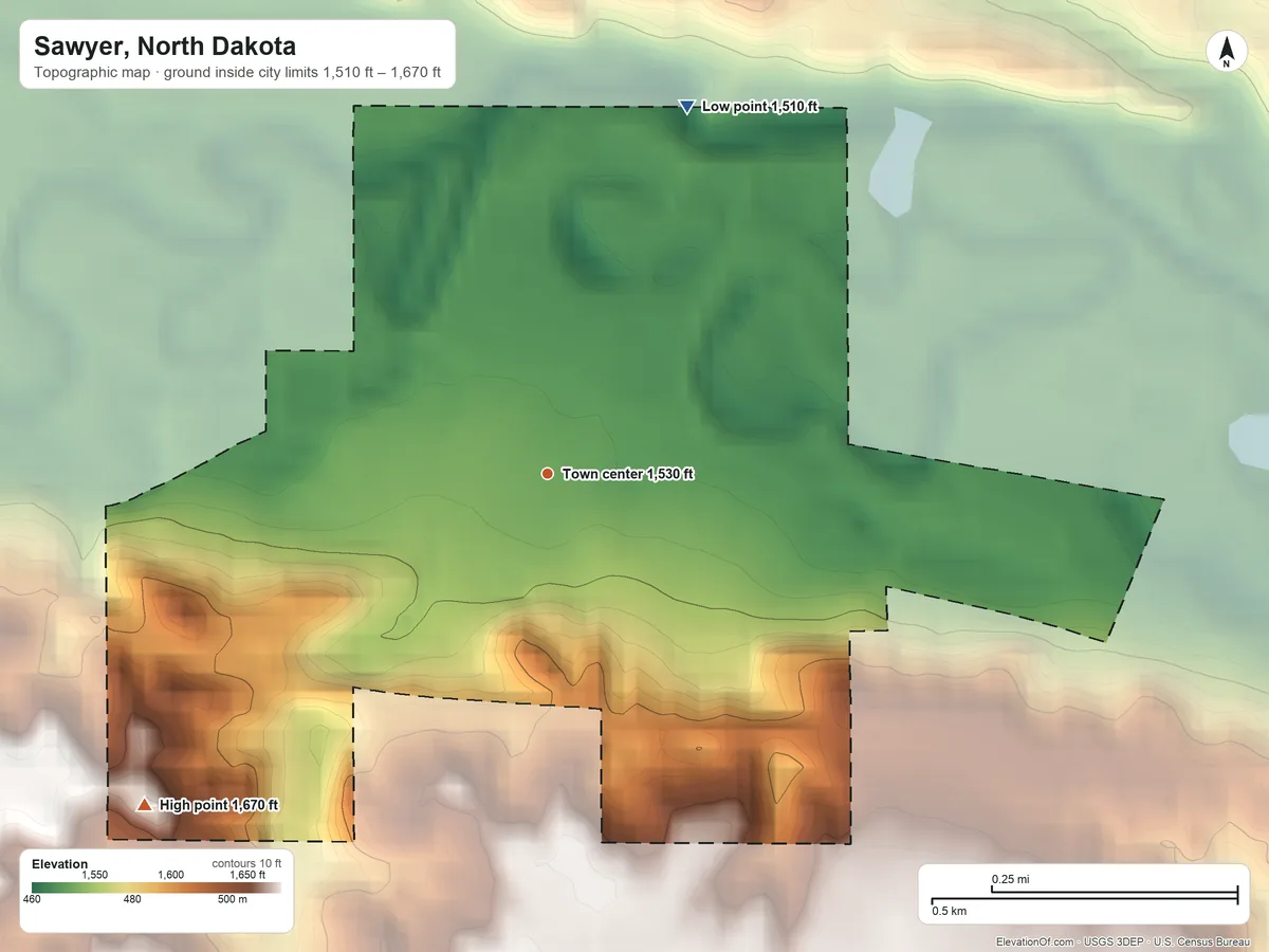 Topographic elevation map of Sawyer, North Dakota, shaded from 1,510 ft on the north side to 1,670 ft on the southwest side