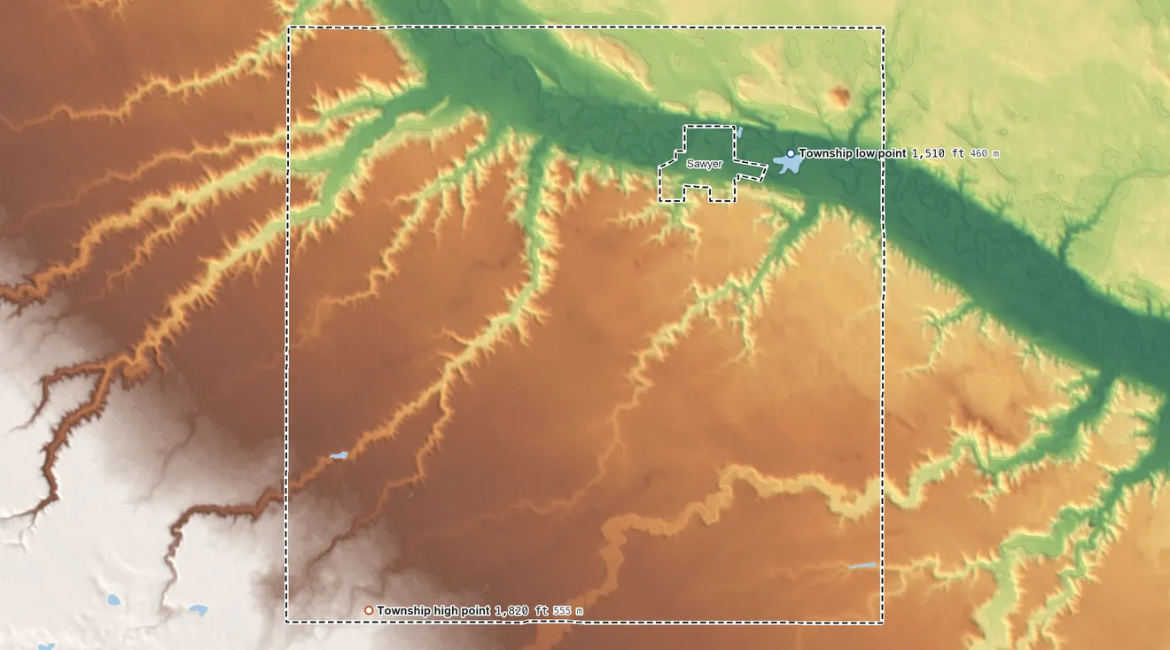 Topographic elevation map of Sawyer Township, North Dakota, shaded from 1,510 ft on the east side to 1,820 ft on the south side