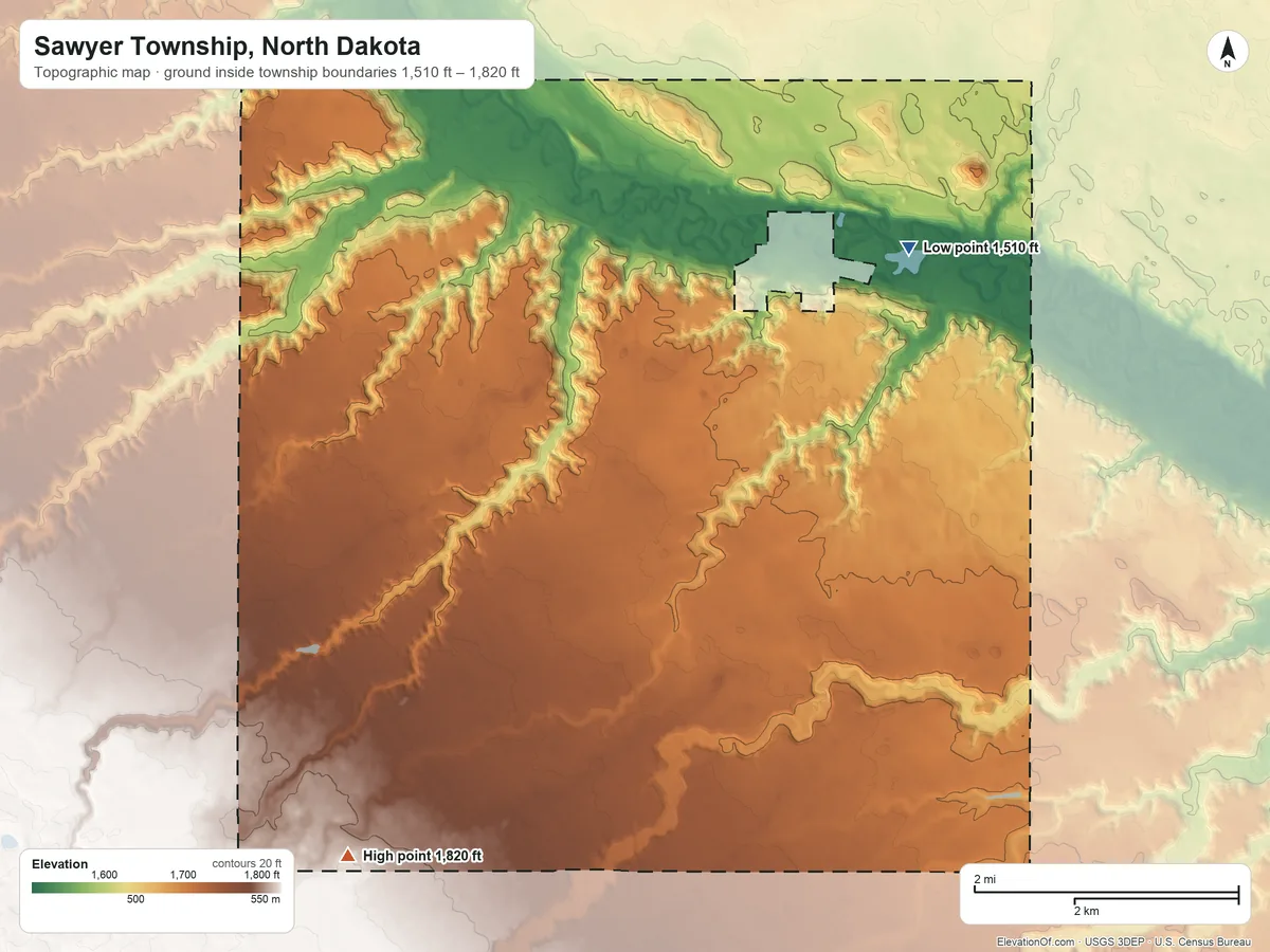 Topographic elevation map of Sawyer Township, North Dakota, shaded from 1,510 ft on the east side to 1,820 ft on the south side