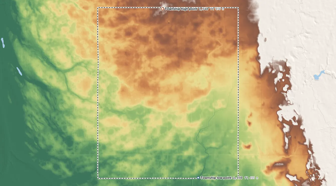Topographic elevation map of Scandia Township, North Dakota, shaded from 1,490 ft on the southeast side to 1,540 ft on the north side