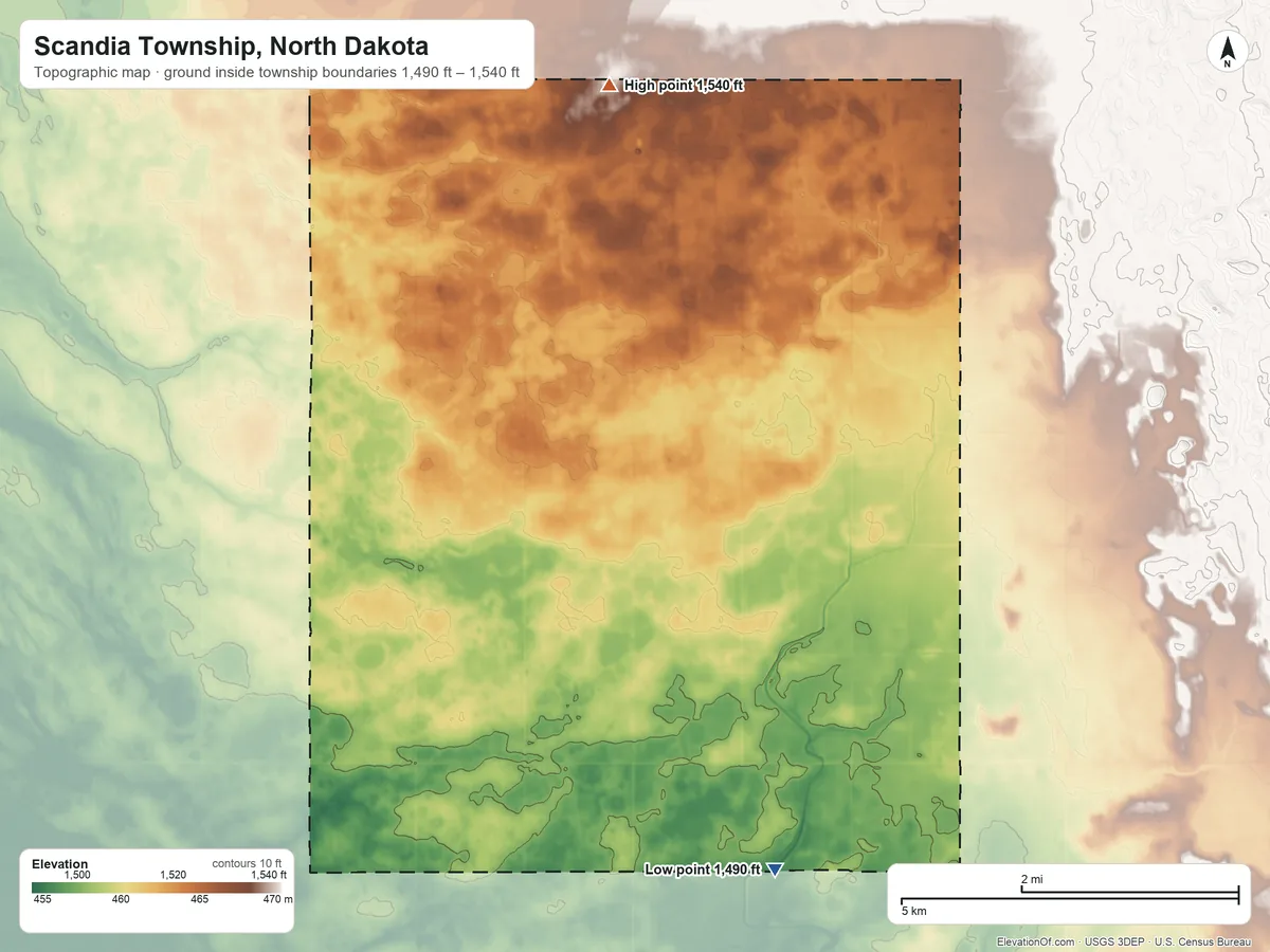 Topographic elevation map of Scandia Township, North Dakota, shaded from 1,490 ft on the southeast side to 1,540 ft on the north side