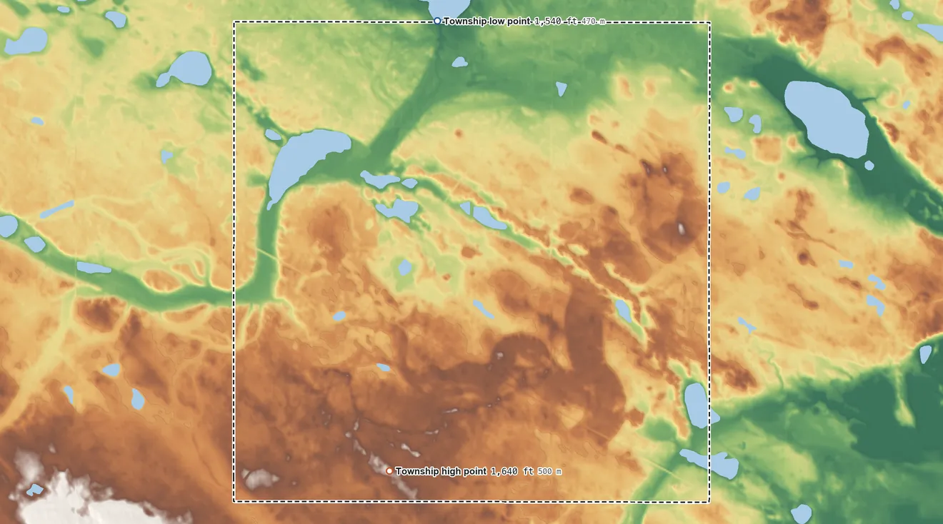 Topographic elevation map of Schiller Township, North Dakota, shaded from 1,540 ft on the north side to 1,640 ft on the south side