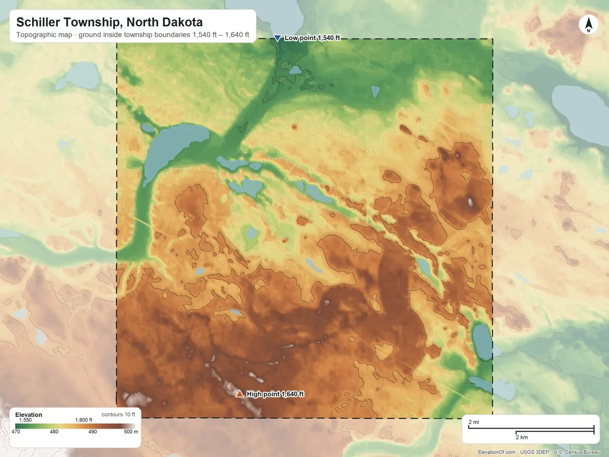 Topographic elevation map of Schiller Township, North Dakota, shaded from 1,540 ft on the north side to 1,640 ft on the south side