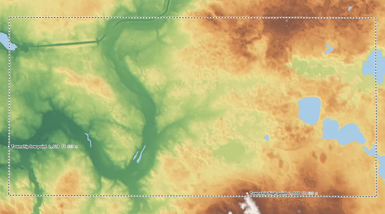 Topographic elevation map of Schrunk-Steiber Township, North Dakota, shaded from 1,820 ft on the west side to 2,080 ft near the middle