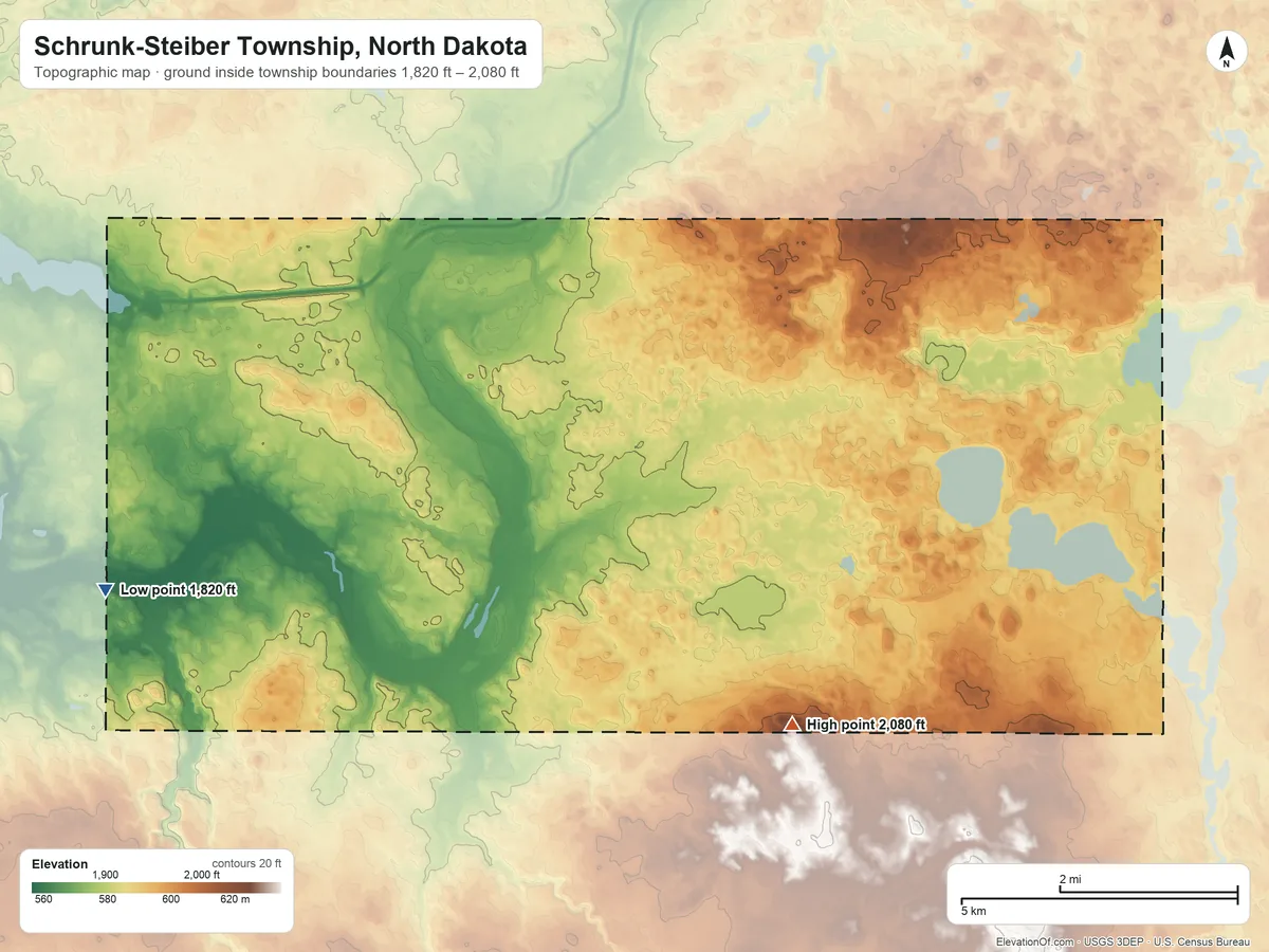 Topographic elevation map of Schrunk-Steiber Township, North Dakota, shaded from 1,820 ft on the west side to 2,080 ft near the middle