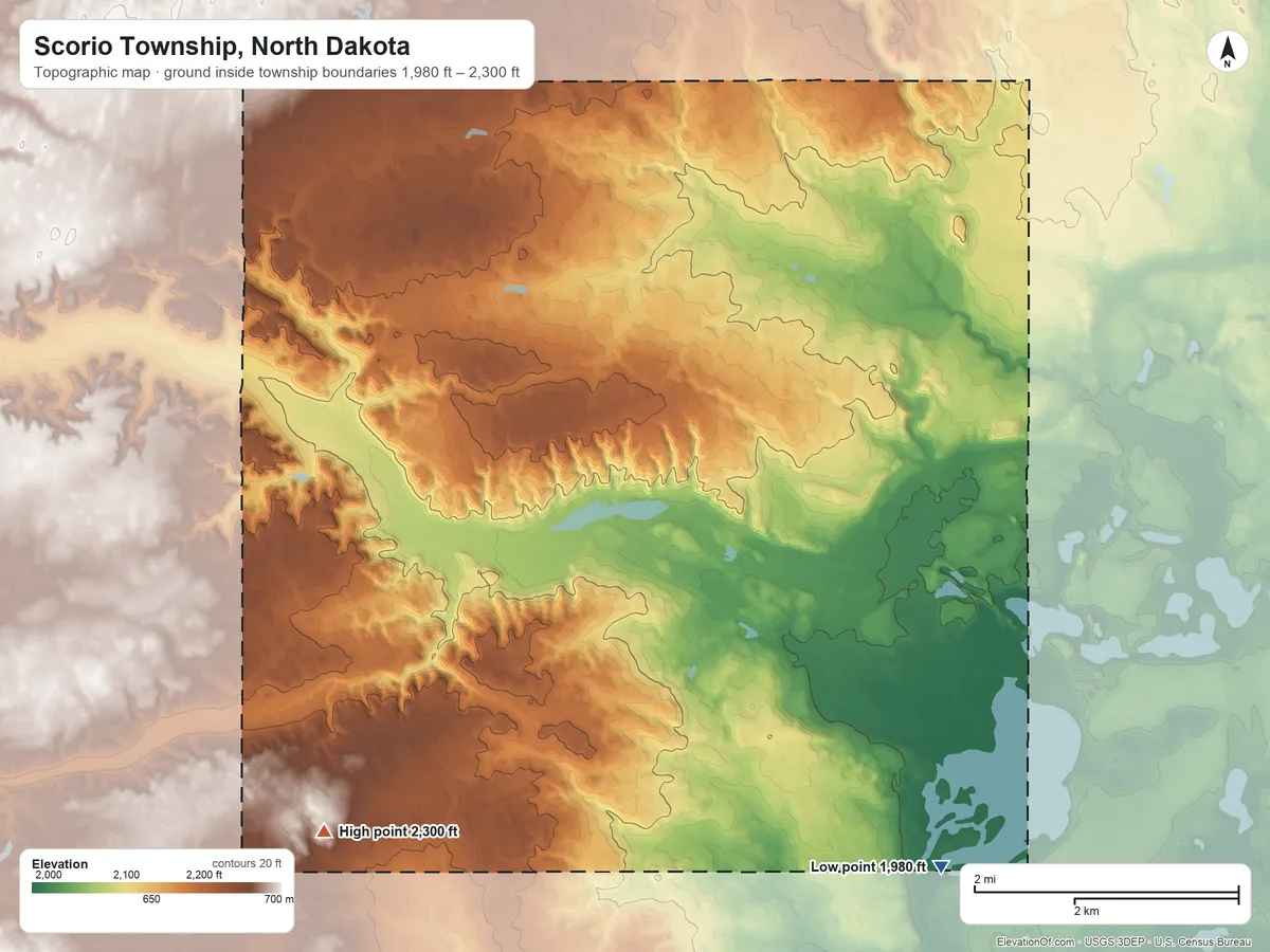 Topographic elevation map of Scorio Township, North Dakota, shaded from 1,980 ft on the south side to 2,300 ft on the southwest side