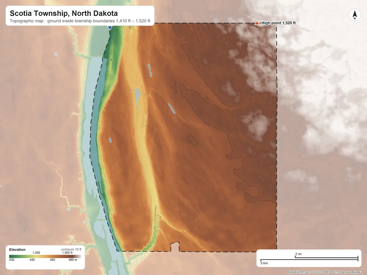 Topographic elevation map of Scotia Township, North Dakota, shaded from 1,410 ft on the northwest side to 1,520 ft on the north side
