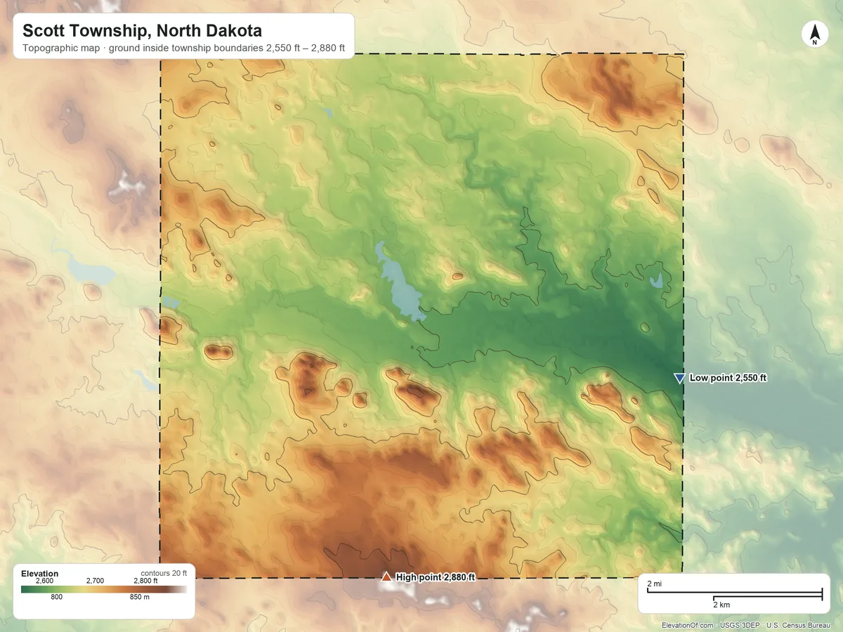 Topographic elevation map of Scott Township, North Dakota, shaded from 2,550 ft on the east side to 2,880 ft on the south side