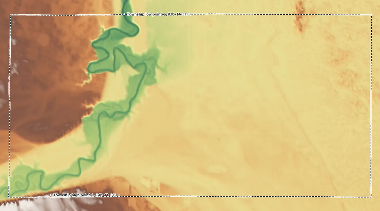 Topographic elevation map of Scoville Township, North Dakota, shaded from 1,030 ft on the northeast side to 1,140 ft on the south side