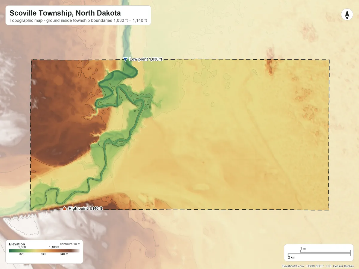 Topographic elevation map of Scoville Township, North Dakota, shaded from 1,030 ft on the northeast side to 1,140 ft on the south side