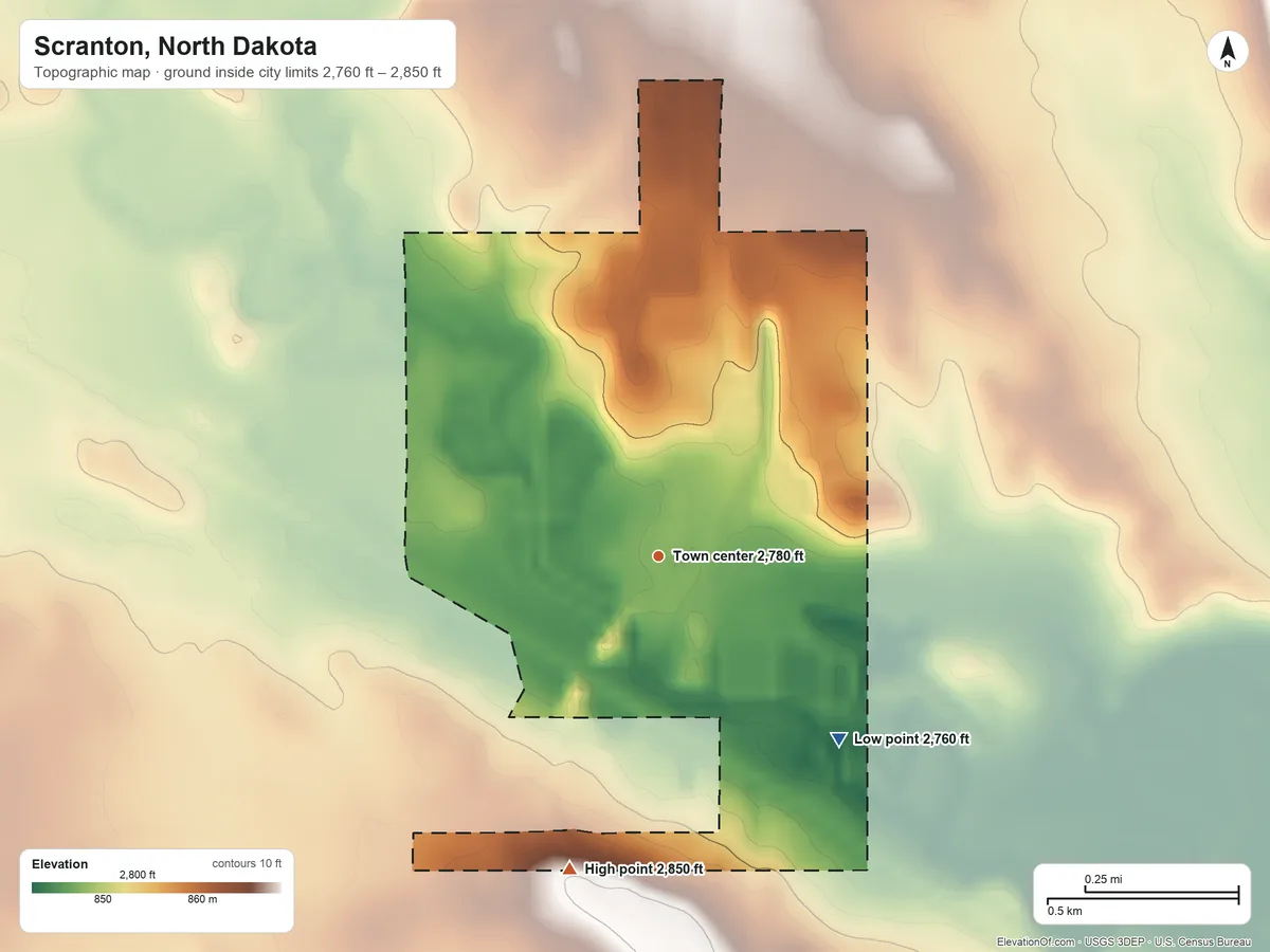 Topographic elevation map of Scranton, North Dakota, shaded from 2,760 ft on the southeast side to 2,850 ft on the south side