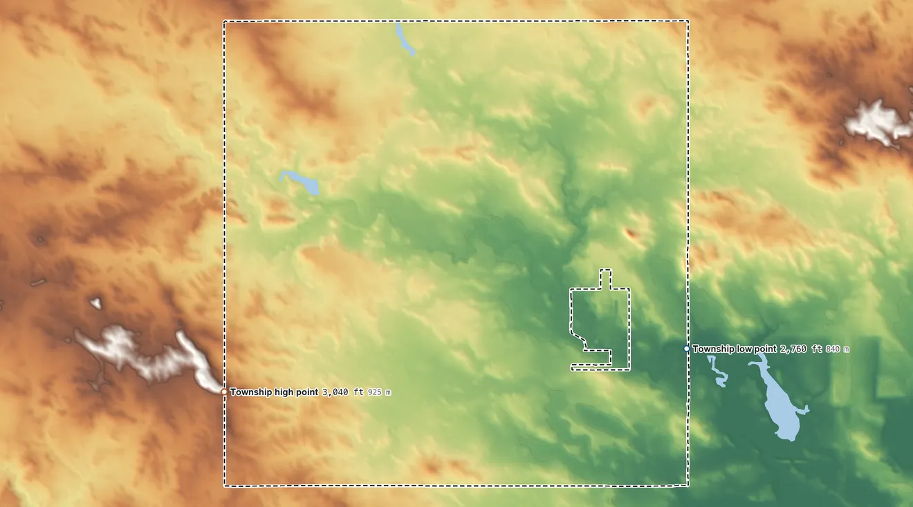 Topographic elevation map of Scranton Township, North Dakota, shaded from 2,760 ft on the southeast side to 3,040 ft on the southwest side