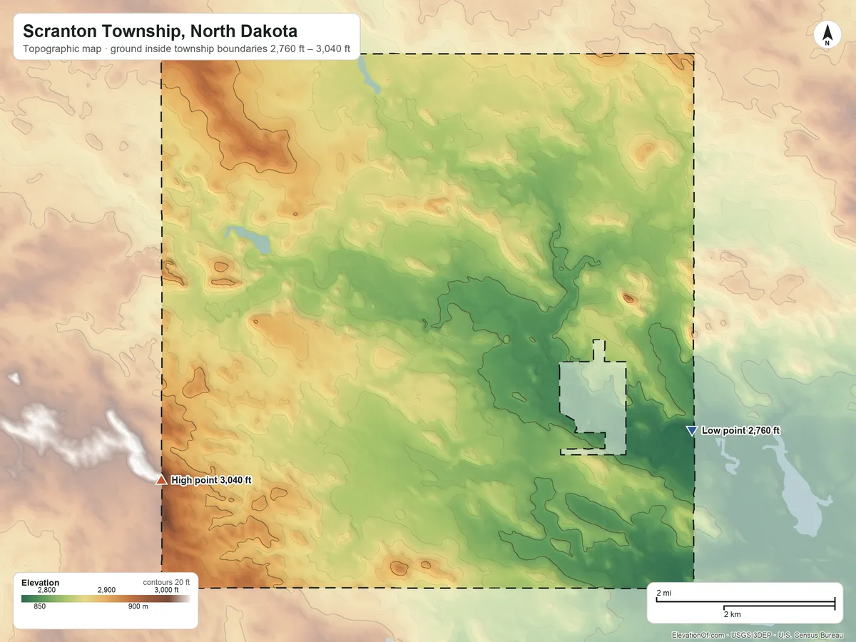 Topographic elevation map of Scranton Township, North Dakota, shaded from 2,760 ft on the southeast side to 3,040 ft on the southwest side