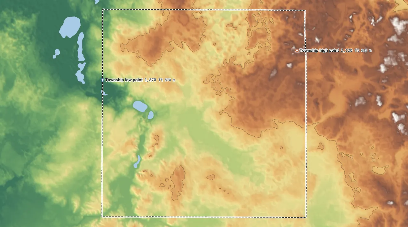 Topographic elevation map of Sealy Township, North Dakota, shaded from 1,870 ft on the northwest side to 2,120 ft on the northeast side