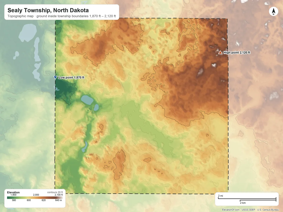 Topographic elevation map of Sealy Township, North Dakota, shaded from 1,870 ft on the northwest side to 2,120 ft on the northeast side