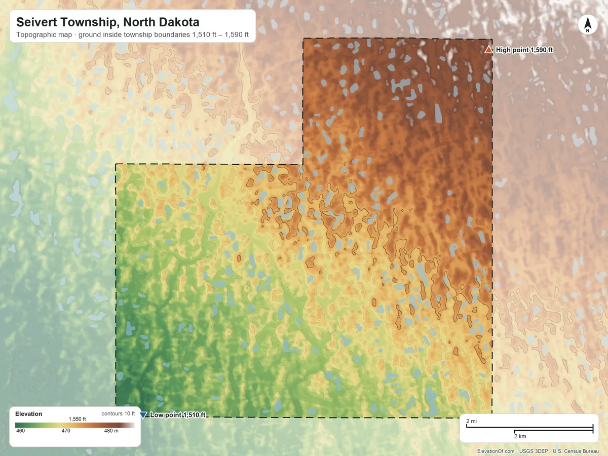 Topographic elevation map of Seivert Township, North Dakota, shaded from 1,510 ft on the southwest side to 1,590 ft on the northeast side