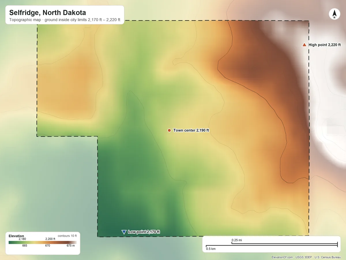 Topographic elevation map of Selfridge, North Dakota, shaded from 2,170 ft on the southwest side to 2,220 ft on the northeast side
