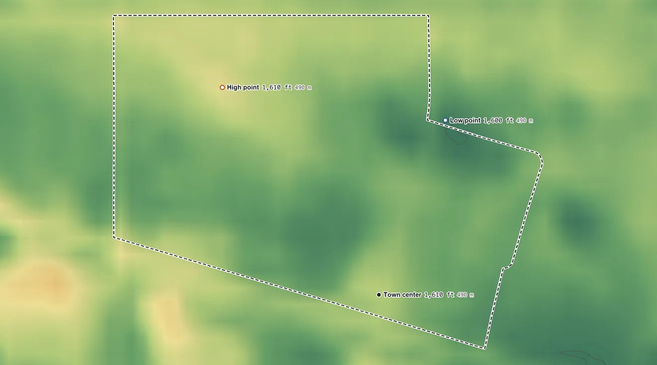 Topographic elevation map of Selz, North Dakota, shaded from 1,600 ft on the north side to 1,610 ft on the northwest side