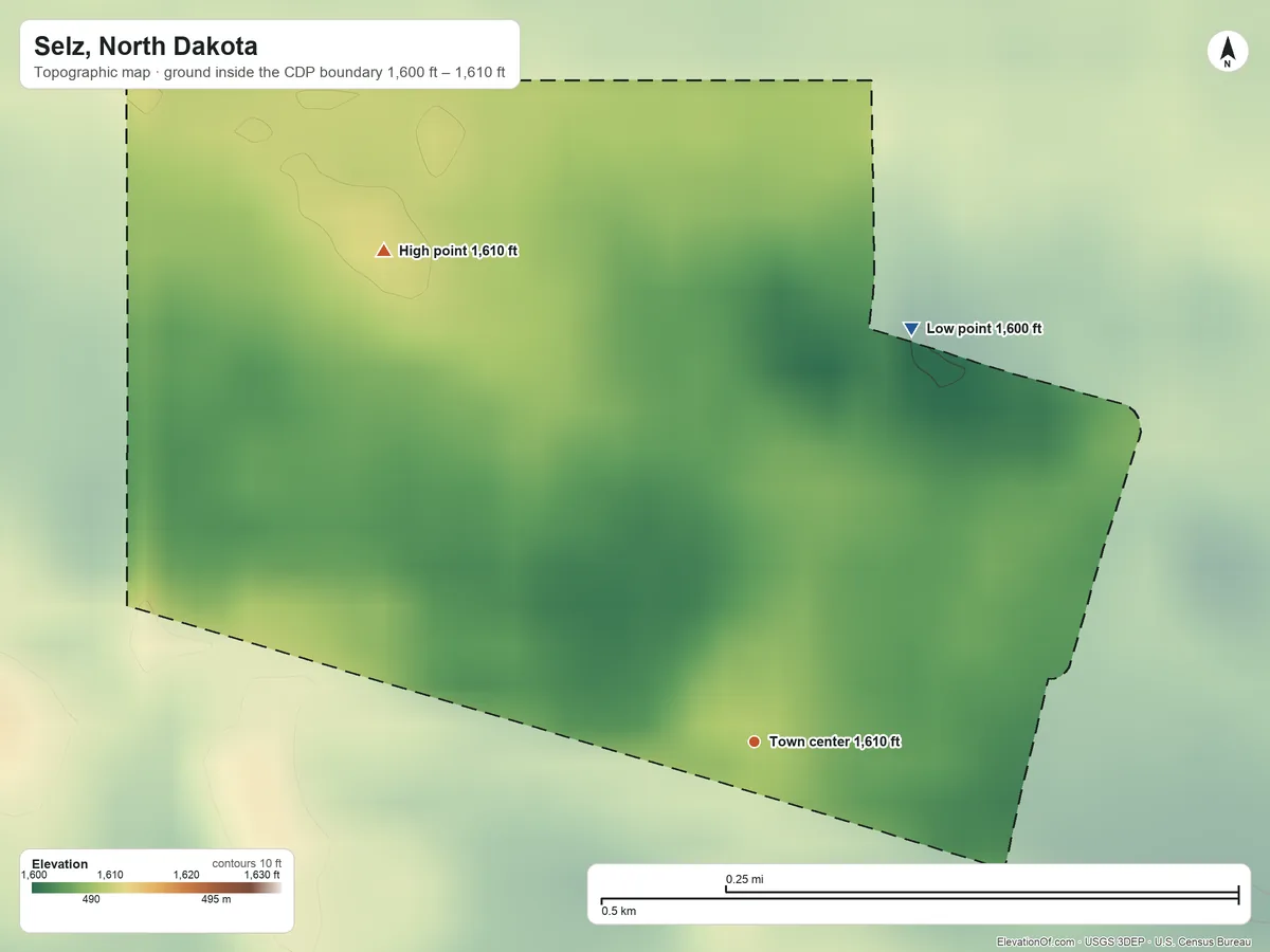 Topographic elevation map of Selz, North Dakota, shaded from 1,600 ft on the north side to 1,610 ft on the northwest side
