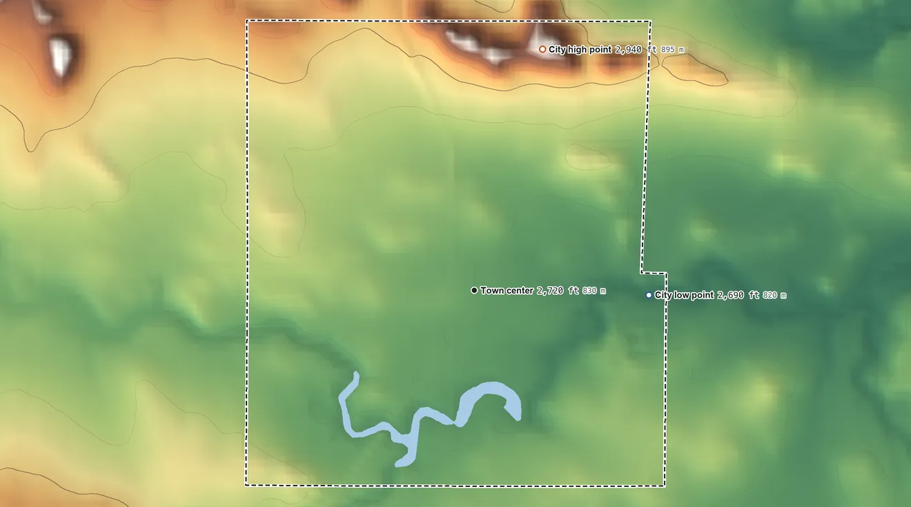 Topographic elevation map of Sentinel Butte, North Dakota, shaded from 2,690 ft on the east side to 2,940 ft on the north side