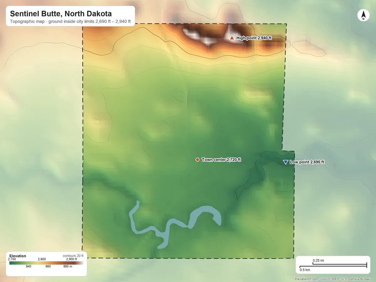Topographic elevation map of Sentinel Butte, North Dakota, shaded from 2,690 ft on the east side to 2,940 ft on the north side