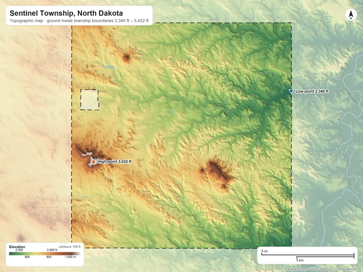 Topographic elevation map of Sentinel Township, North Dakota, shaded from 2,340 ft on the northeast side to 3,432 ft on Sentinel Butte