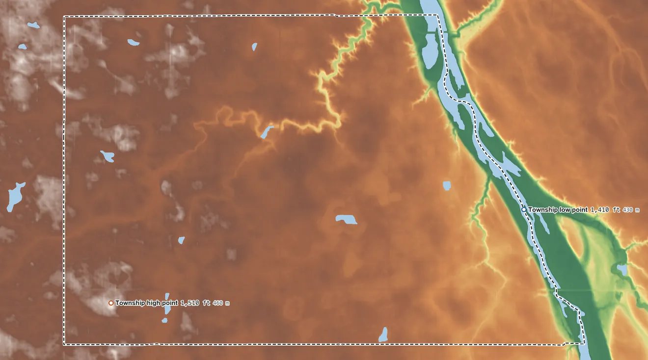 Topographic elevation map of Sergius Township, North Dakota, shaded from 1,410 ft on the southeast side to 1,510 ft on the southwest side