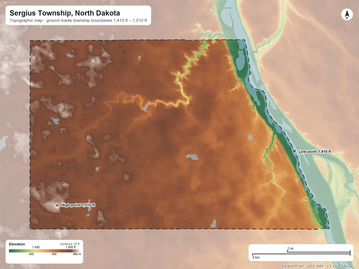 Topographic elevation map of Sergius Township, North Dakota, shaded from 1,410 ft on the southeast side to 1,510 ft on the southwest side