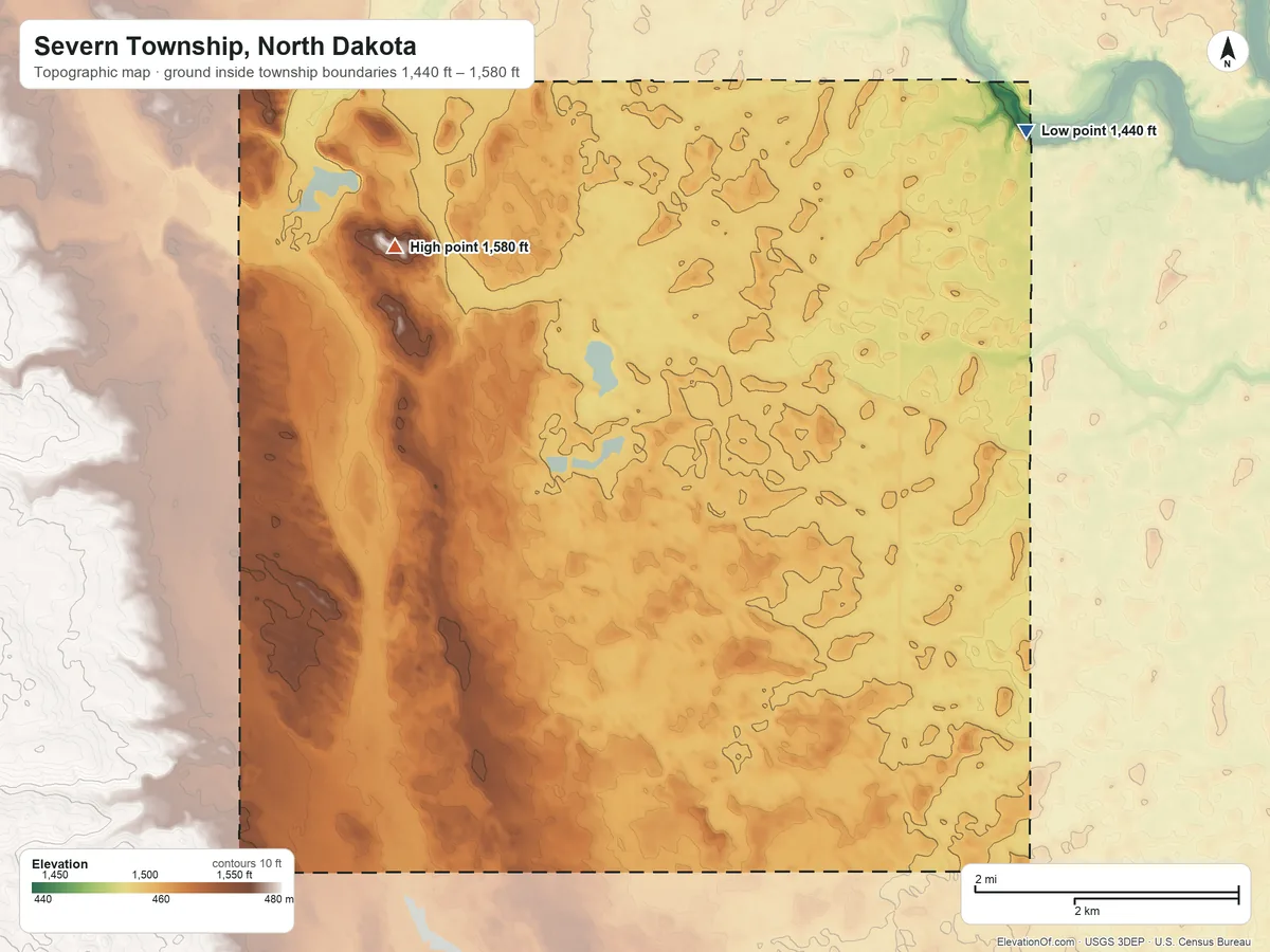 Topographic elevation map of Severn Township, North Dakota, shaded from 1,440 ft on the northeast side to 1,580 ft on the northwest side
