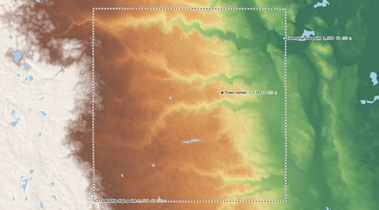 Topographic elevation map of Sharlow Township, North Dakota, shaded from 1,500 ft on the northeast side to 1,770 ft on the southwest side