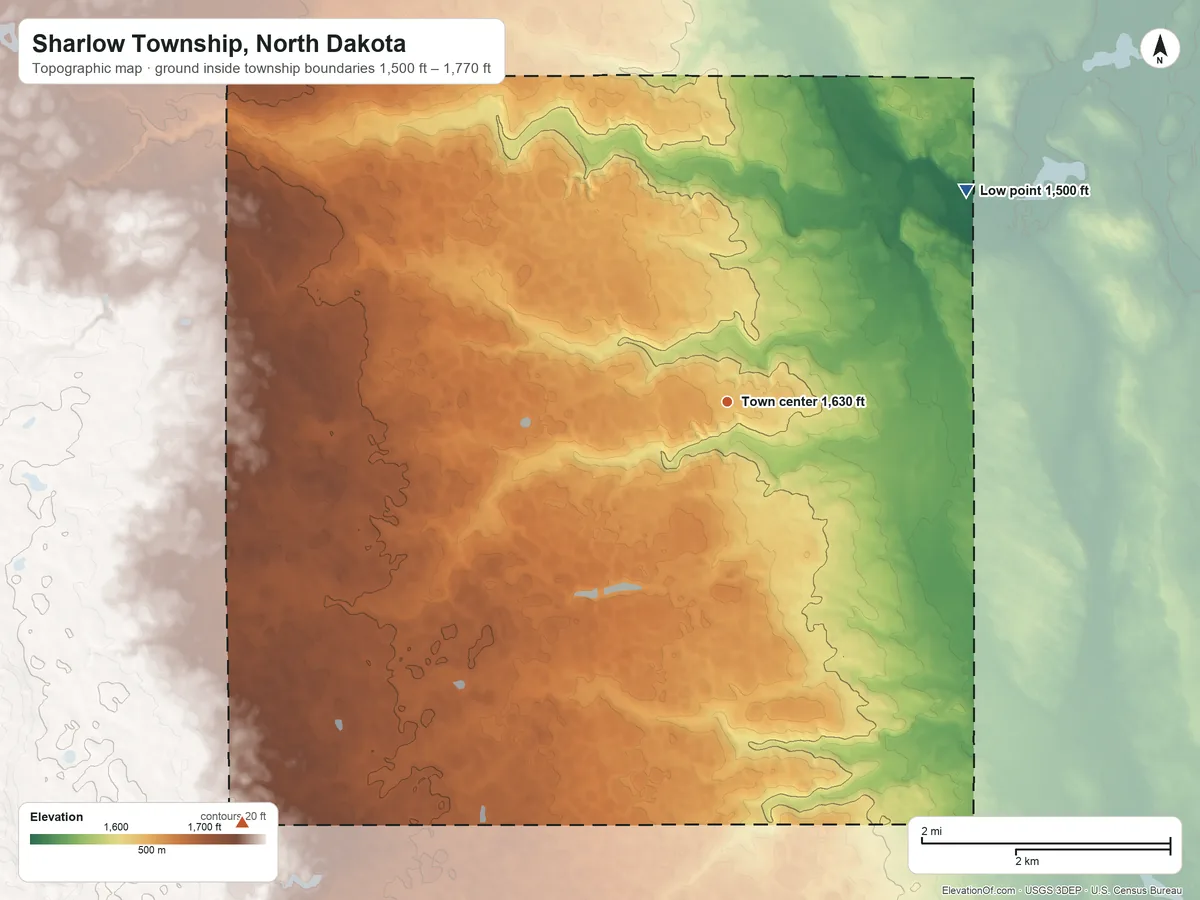 Topographic elevation map of Sharlow Township, North Dakota, shaded from 1,500 ft on the northeast side to 1,770 ft on the southwest side